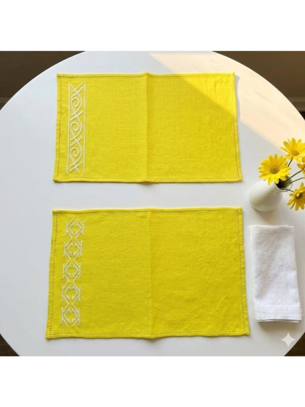 Vintage Mid Century Boho Tribal Sunshine Yellow Embroidered Placemats 2pc Set